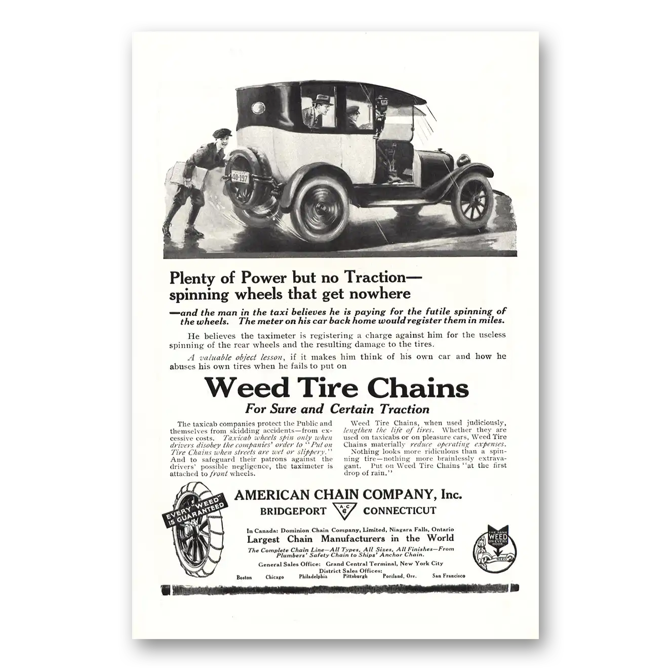 1920 American Chain Company Weed Tire Chains Plenty of Power No Traction Vintage Magazine Print Ad