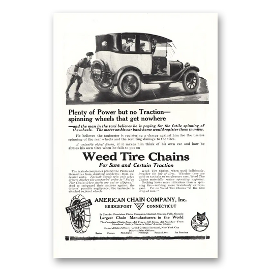 1920 American Chain Company Weed Tire Chains Plenty of Power No Traction Vintage Magazine Print Ad