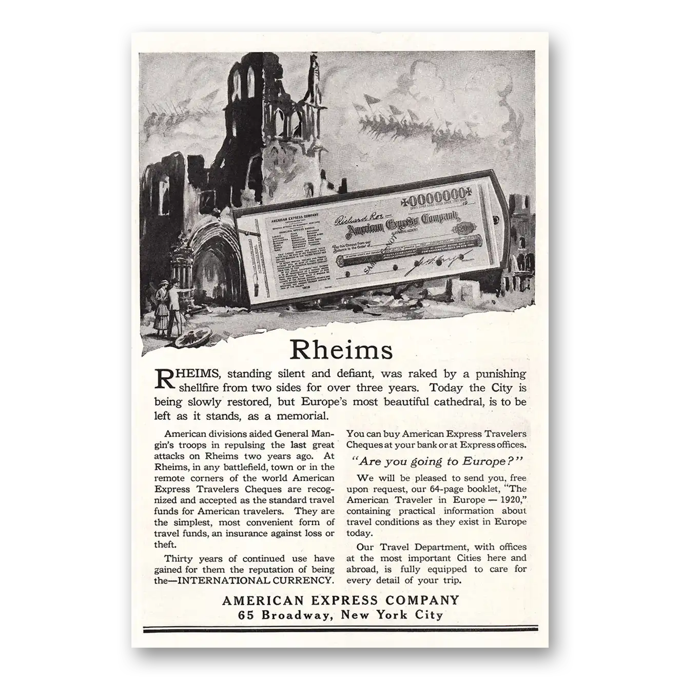 1920 American Express Rheims Standing Silent and Defiant Vintage Magazine Print Ad