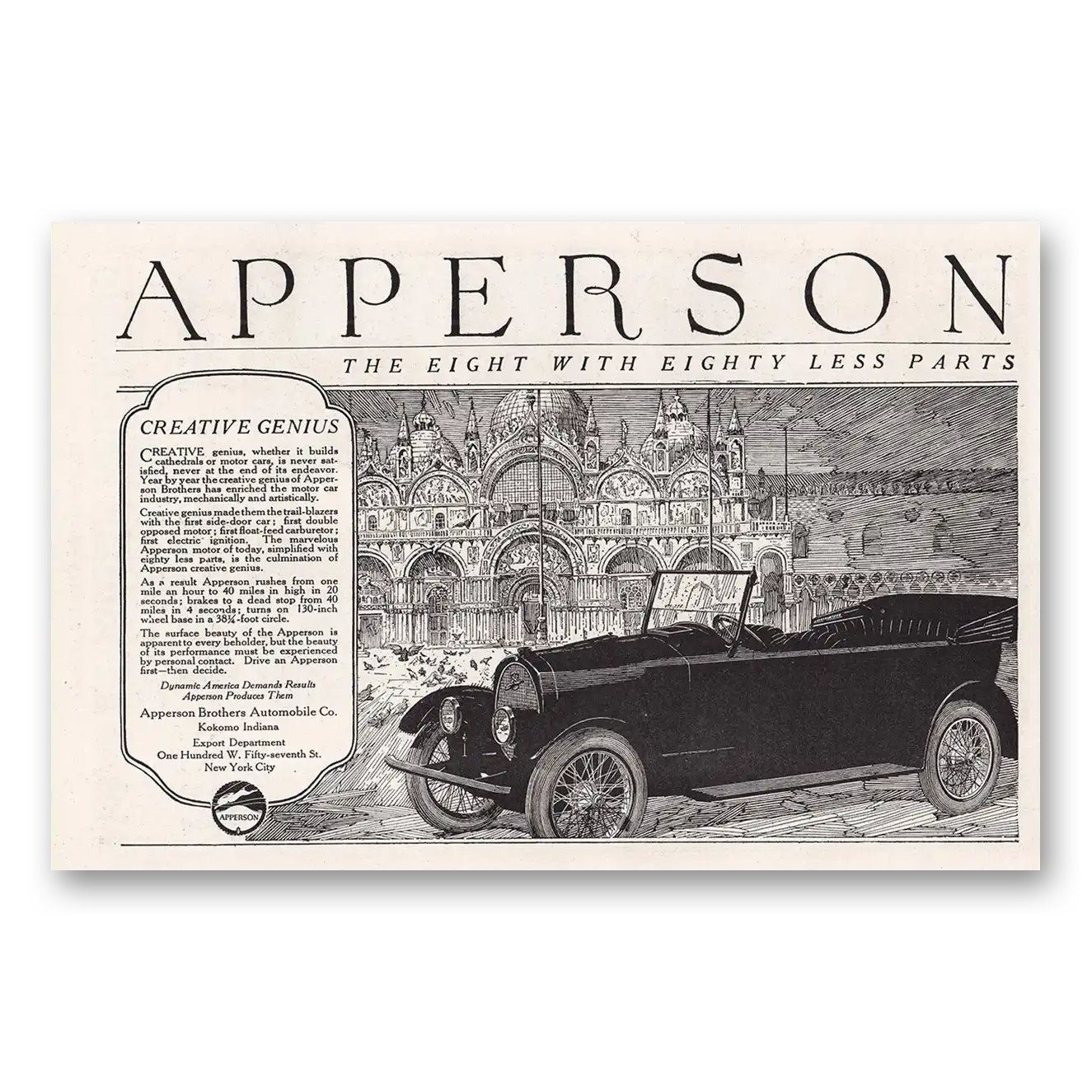 1920 Apperson Automobile Eight with Eighty Less Parts Creative Genius Vintage Magazine Print Ad