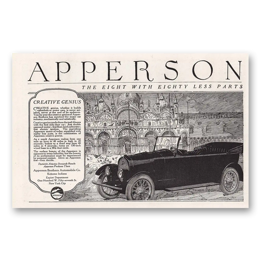 1920 Apperson Automobile Eight with Eighty Less Parts Creative Genius Vintage Magazine Print Ad