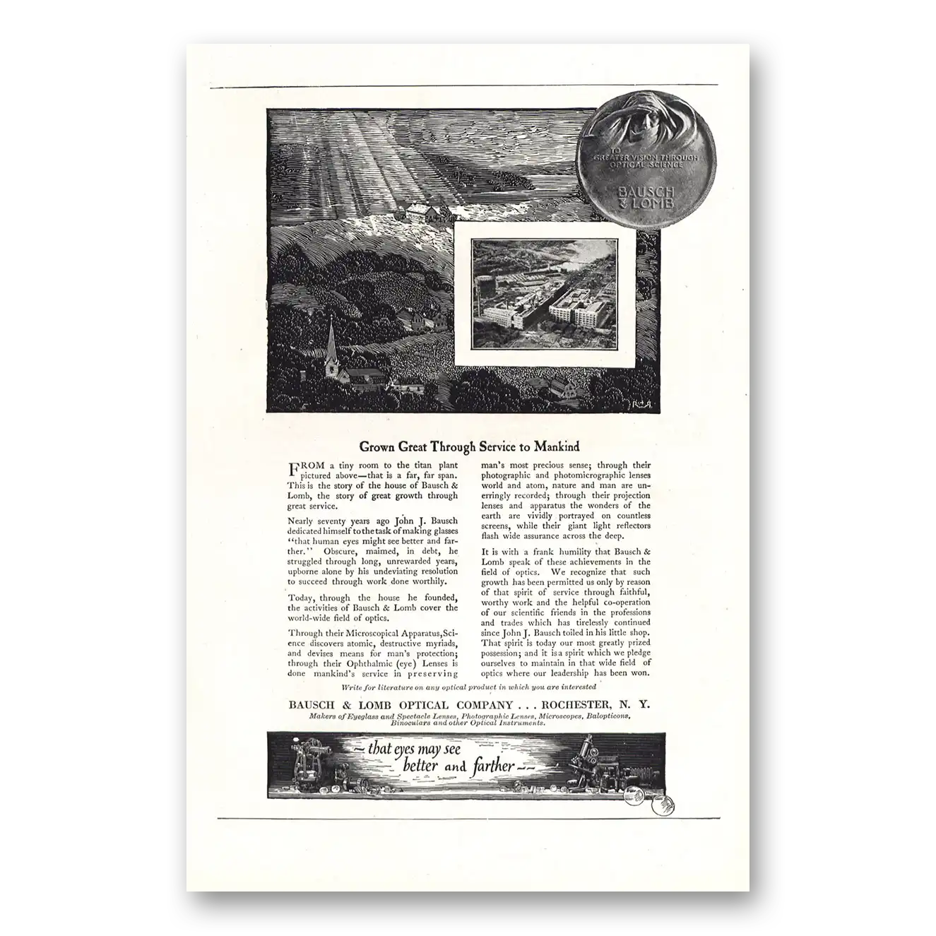 1920 Bausch & Lomb Service to Mankind Vintage Magazine Print Ad