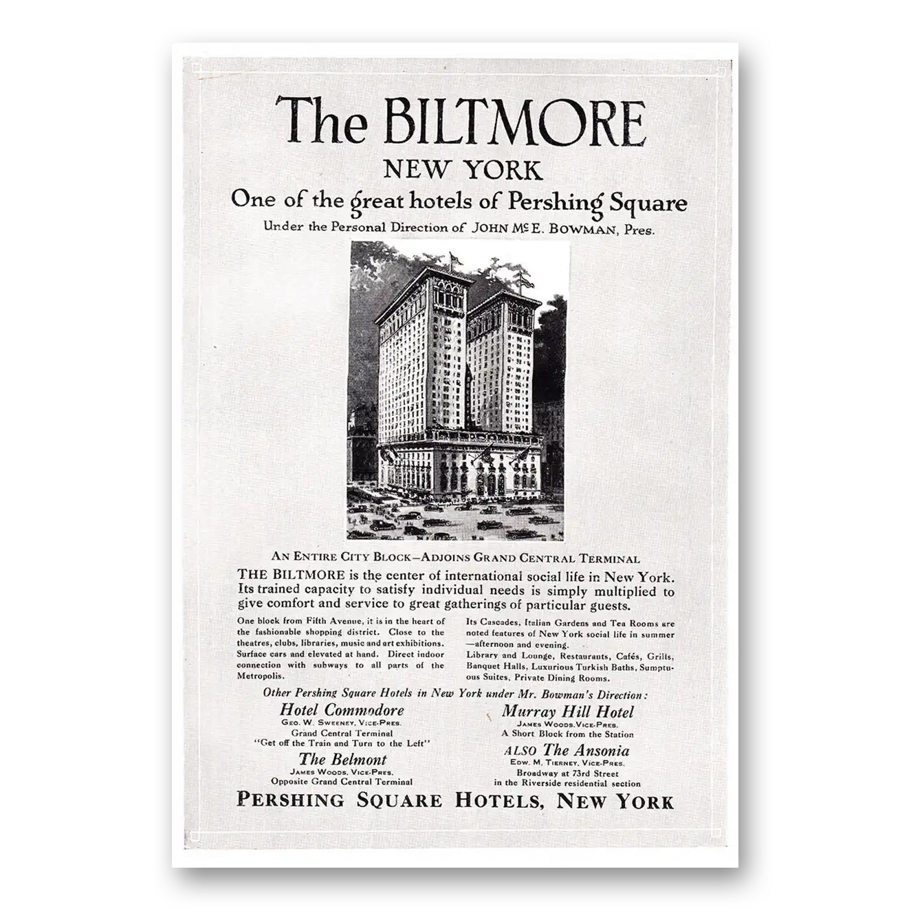 1920 Biltmore Hotel One of the Great Hotels of Pershing Square Vintage Magazine Print Ad