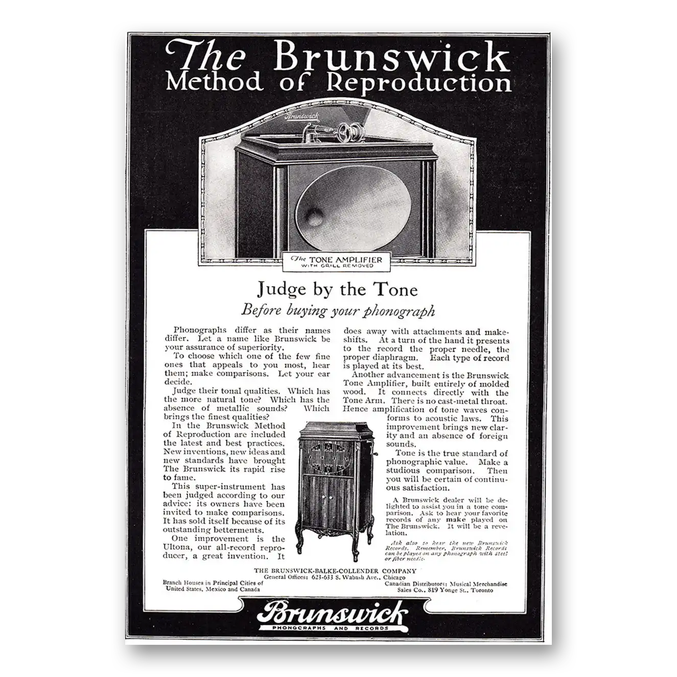 1920 Brunswick Phonograph Tone Amplifier Judge by the Tone Vintage Magazine Print Ad