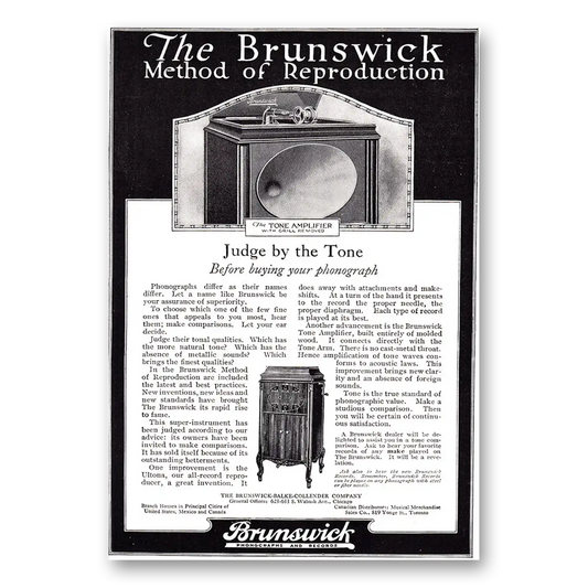 1920 Brunswick Phonograph Tone Amplifier Judge by the Tone Vintage Magazine Print Ad