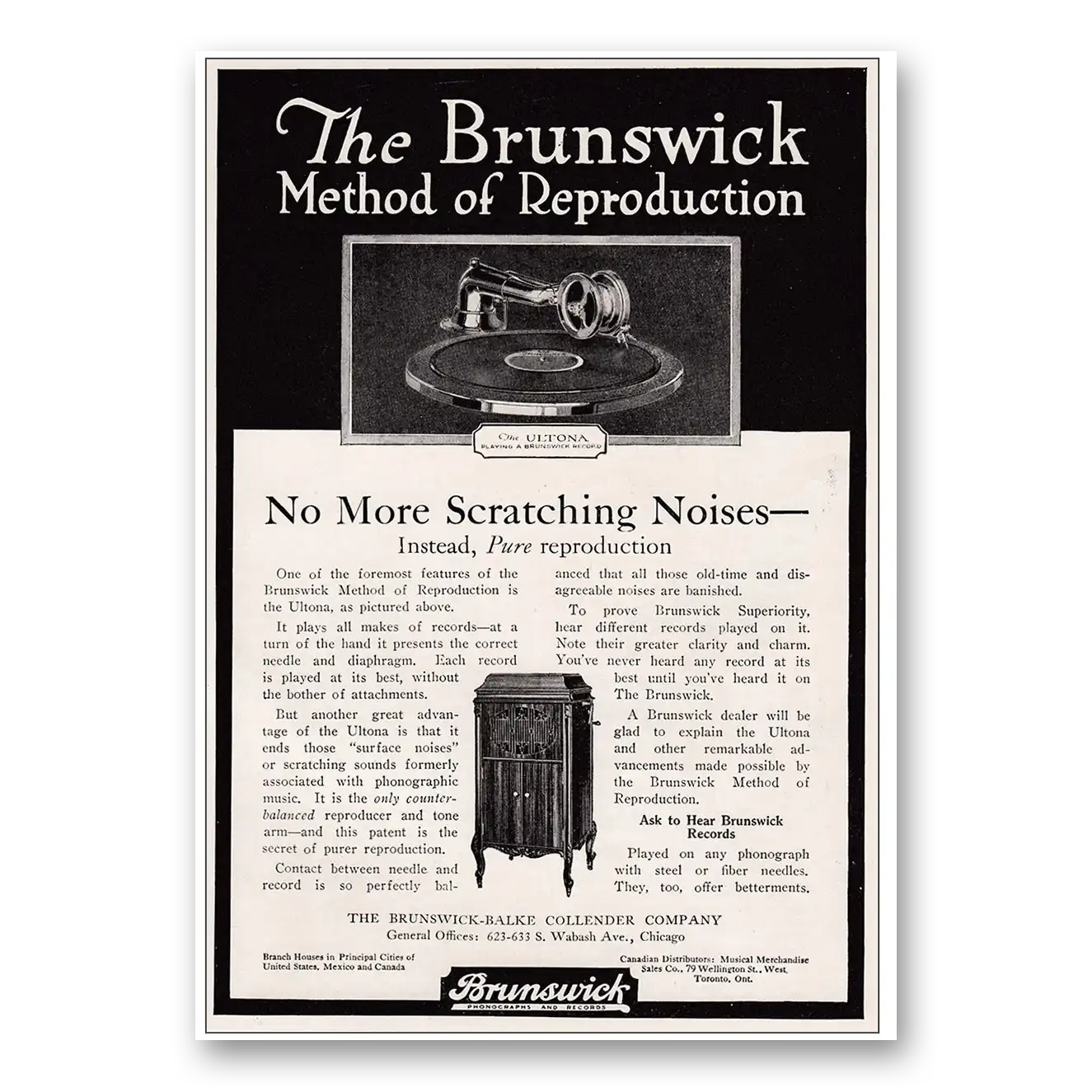 1920 Brunswick Records No More Scratching Noises Vintage Magazine Print Ad