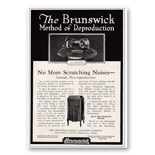 1920 Brunswick Records No More Scratching Noises Vintage Magazine Print Ad