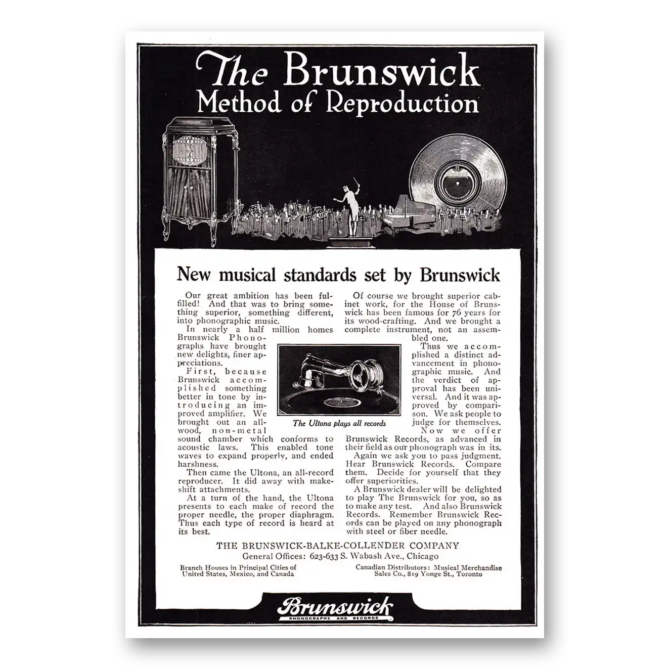 1920 Brunswick Records Method of Reproduction New Musical Standards Vintage Magazine Print Ad