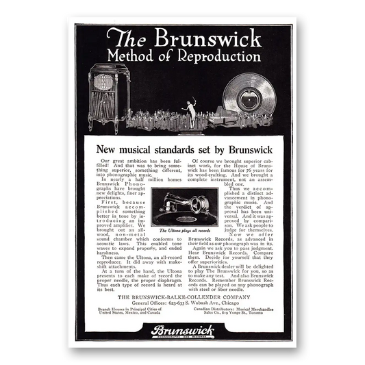 1920 Brunswick Records Method of Reproduction New Musical Standards Vintage Magazine Print Ad