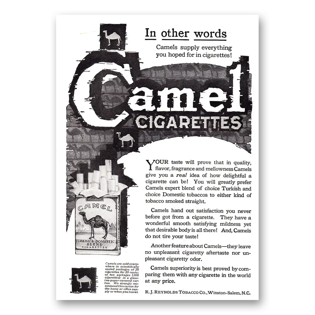 1920 Camel Cigarettes Other Words Vintage Magazine Print Ad