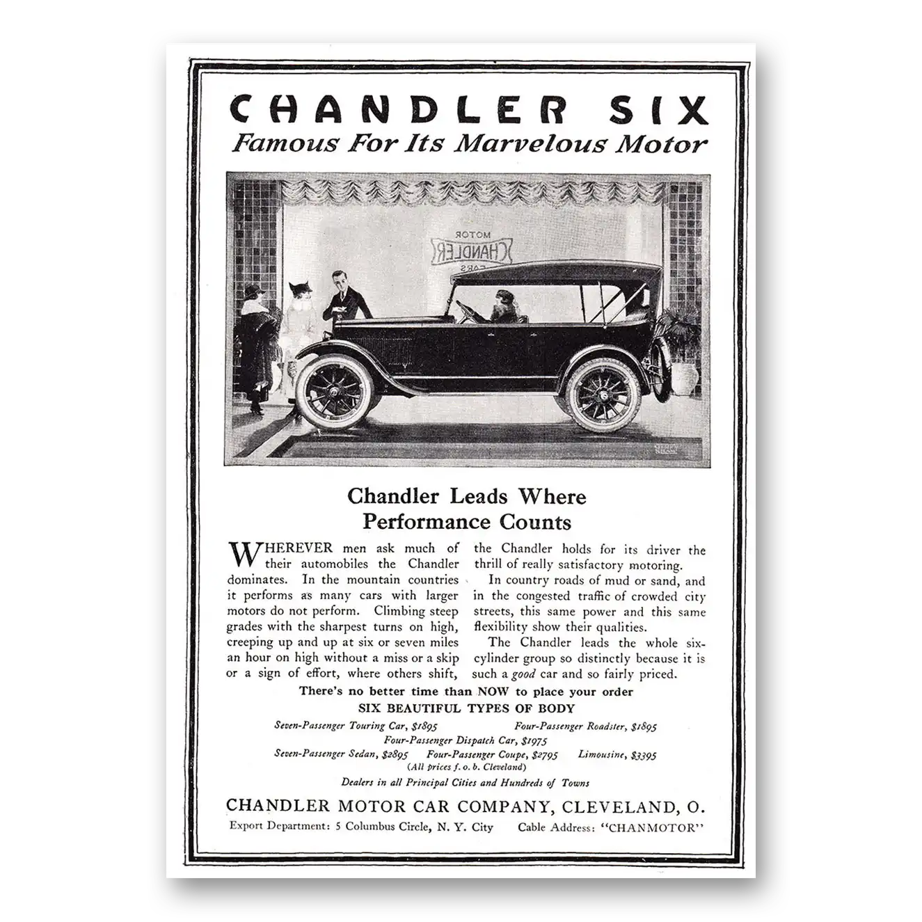 1920 Chandler Six Leads Where Performance Counts Vintage Magazine Print Ad