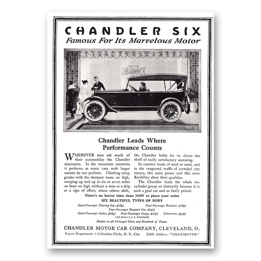 1920 Chandler Six Leads Where Performance Counts Vintage Magazine Print Ad