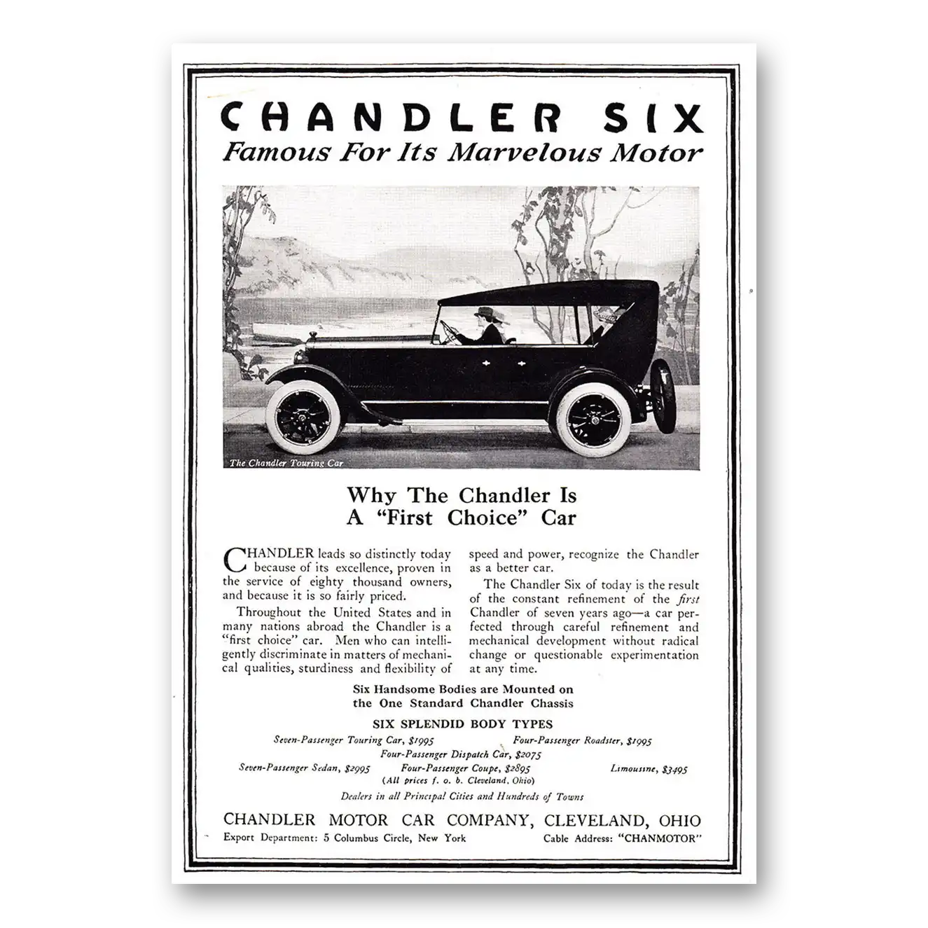 1920 Chandler Six First Choice Car Vintage Magazine Print Ad