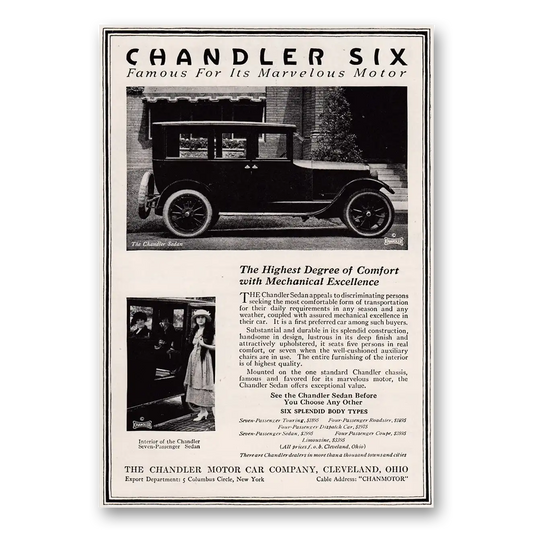 1920 Chandler Six Highest Degree of Comfort Mechanical Excellence Vintage Magazine Print Ad