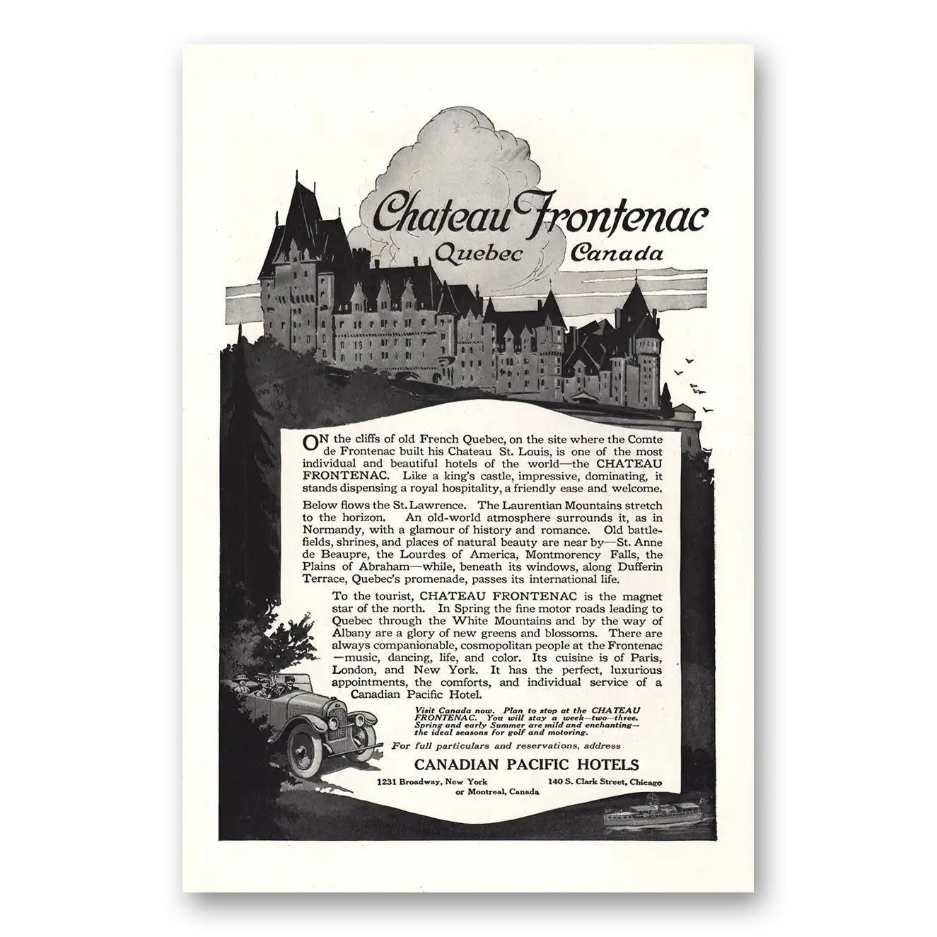 1920 Canadian Pacific Hotels Chateau Frontenac Quebec Vintage Magazine Print Ad