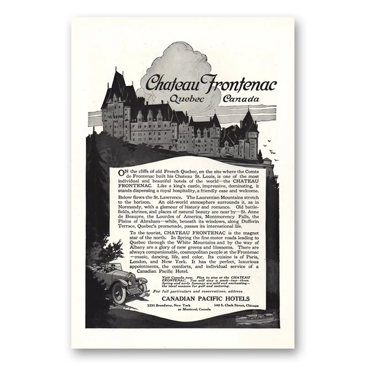 1920 Canadian Pacific Hotels Chateau Frontenac Quebec Vintage Magazine Print Ad