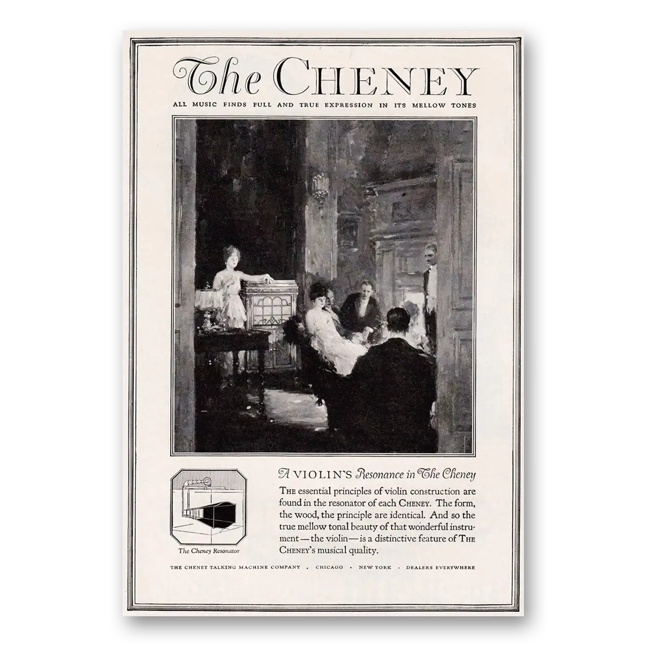 1920 Cheney Talking Machine Violins Resonance in The Cheney Vintage Magazine Print Ad