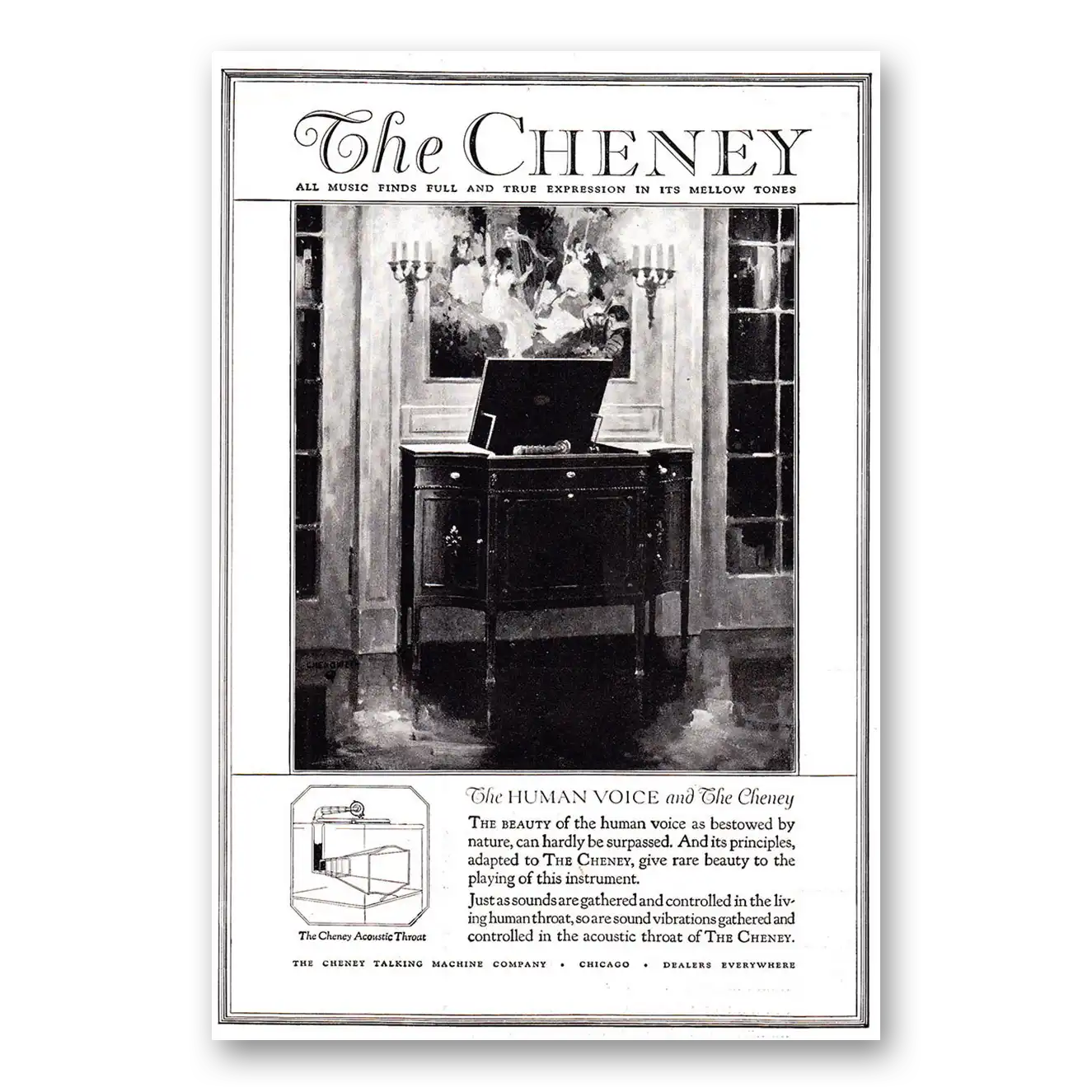 1920 Cheney Talking Machine Human Voice and The Cheney Vintage Magazine Print Ad