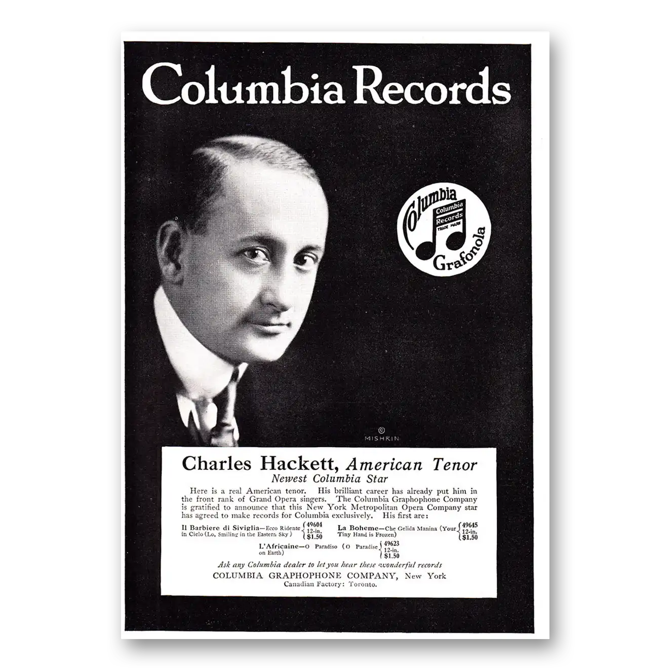 1920 Columbia Records Charles Hackett Vintage Magazine Print Ad