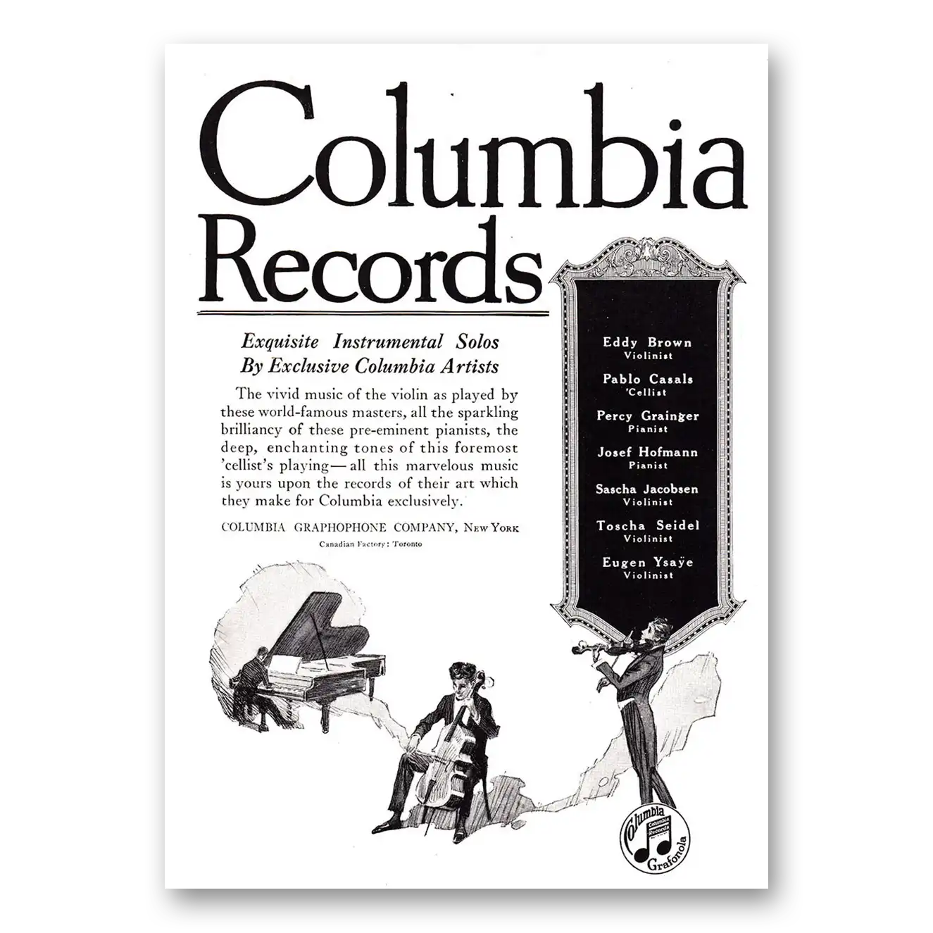 1920 Columbia Records Exquisite Instrumental Solos Vintage Magazine Print Ad