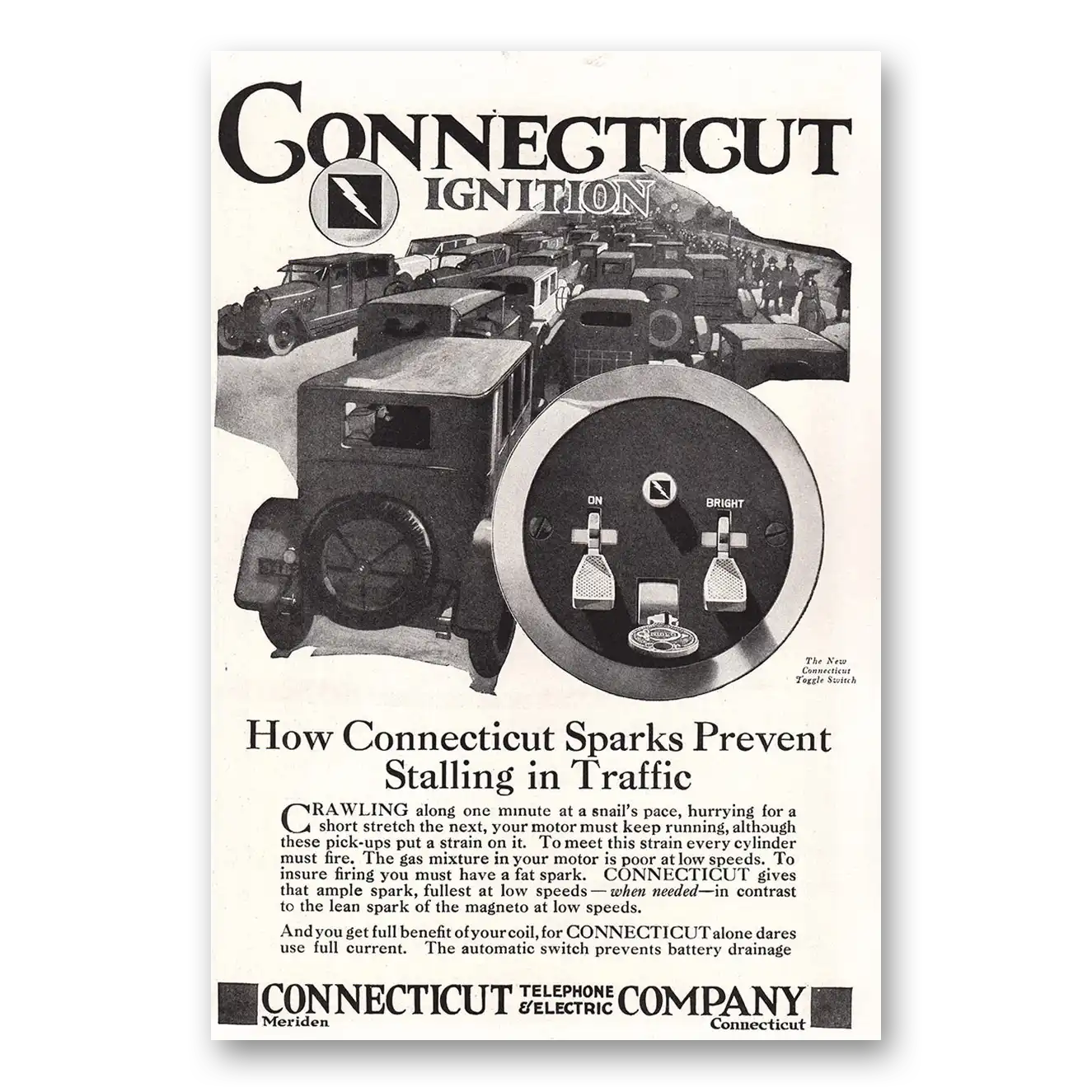 1920 Connecticut Telephone Sparks Prevent Stalling in Traffic Vintage Magazine Print Ad