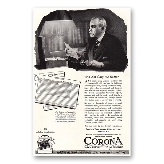 1920 Corona Typewriter And Not Only the Doctor Vintage Magazine Print Ad