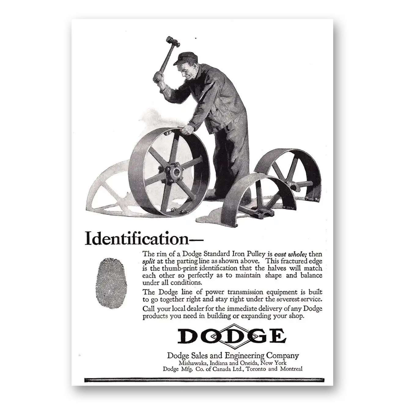 1920 Dodge Sales and Engineering Identification Rim of Dodge Standard Iron Pulley Vintage Magazine Print Ad