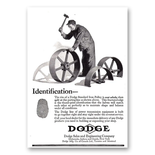 1920 Dodge Sales and Engineering Identification Rim of Dodge Standard Iron Pulley Vintage Magazine Print Ad