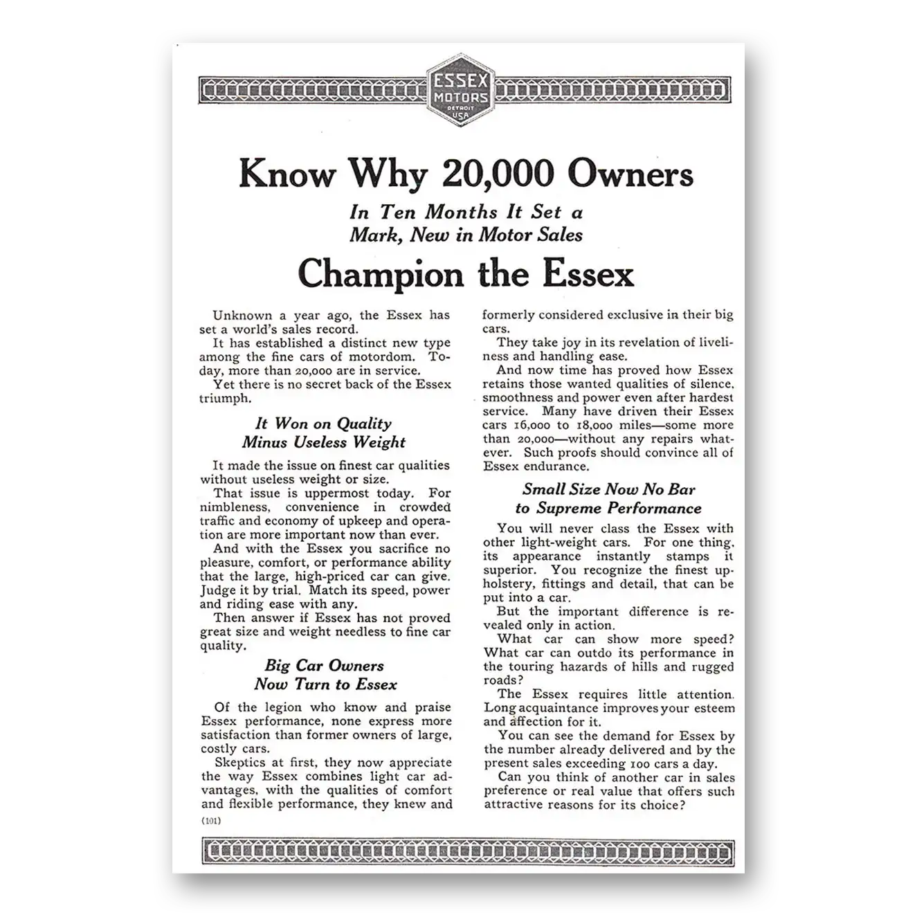 1920 Essex Motors Know Why 20000 Owners Champion the Essex Vintage Magazine Print Ad