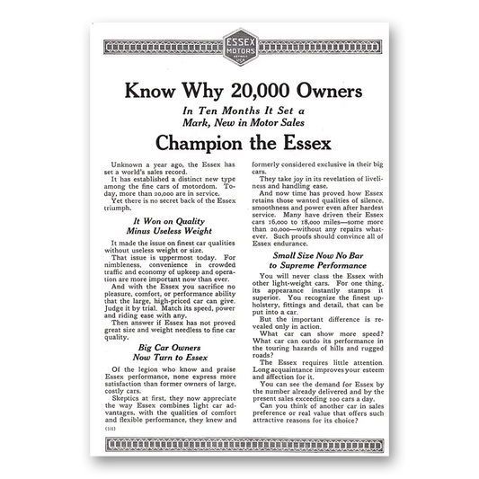 1920 Essex Motors Know Why 20000 Owners Champion the Essex Vintage Magazine Print Ad