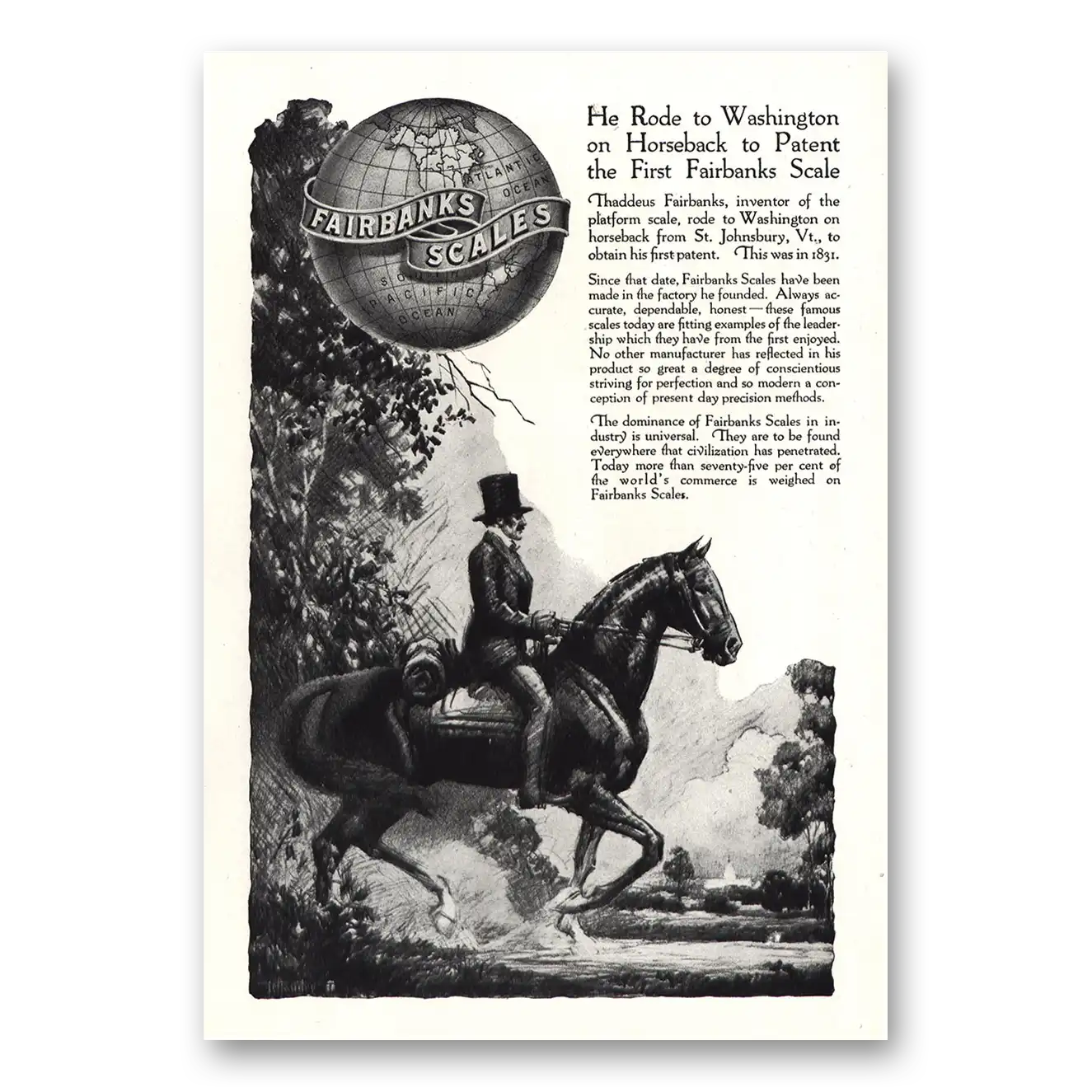 1920 Fairbanks Scales He Rode to Washington on Horseback Vintage Magazine Print Ad