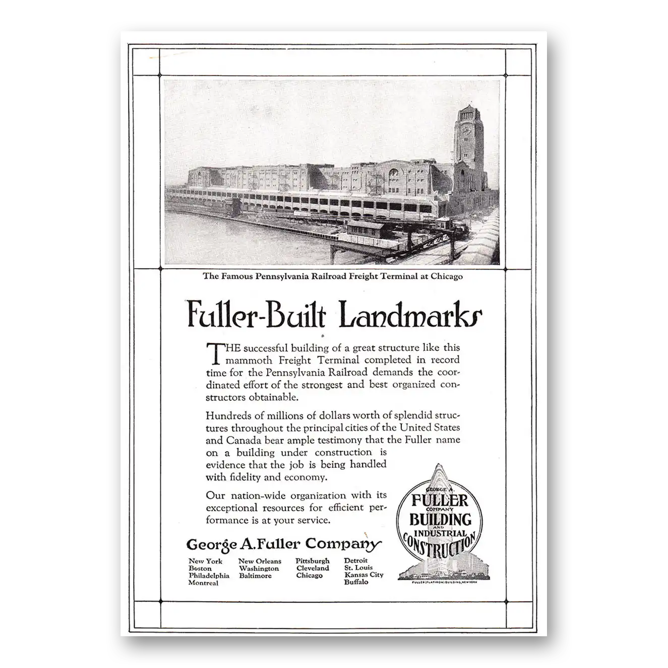 1920 Fuller Building Construction Pennsylvania Railroad Freight Terminal at Chicago Vintage Magazine Print Ad