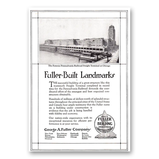 1920 Fuller Building Construction Pennsylvania Railroad Freight Terminal at Chicago Vintage Magazine Print Ad