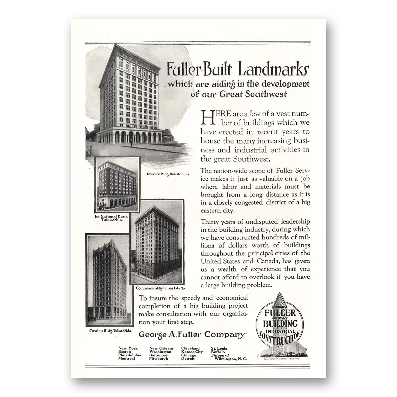 1920 George A Fuller Texas 1st National Bank Commerce Cosden Building Vintage Magazine Print Ad