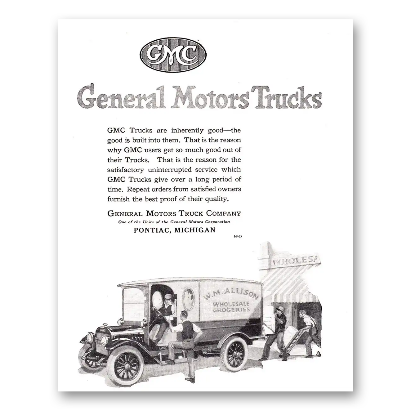 1920 GMC Trucks W M Allison Groceries Vintage Magazine Print Ad