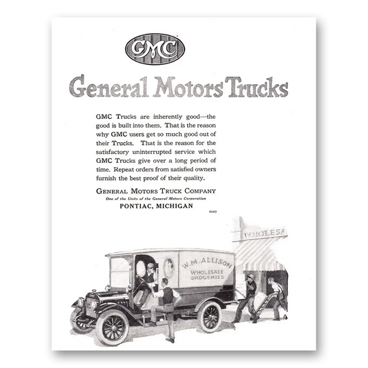 1920 GMC Trucks W M Allison Groceries Vintage Magazine Print Ad