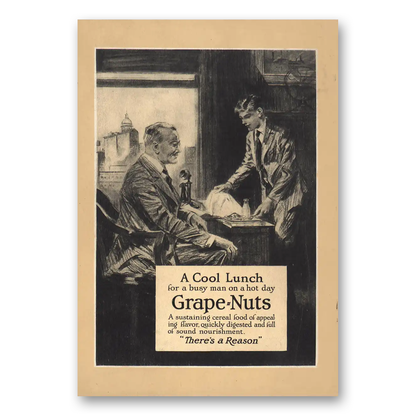 1920 Grape Nuts Cereal Cool Lunch Busy Man Vintage Magazine Print Ad