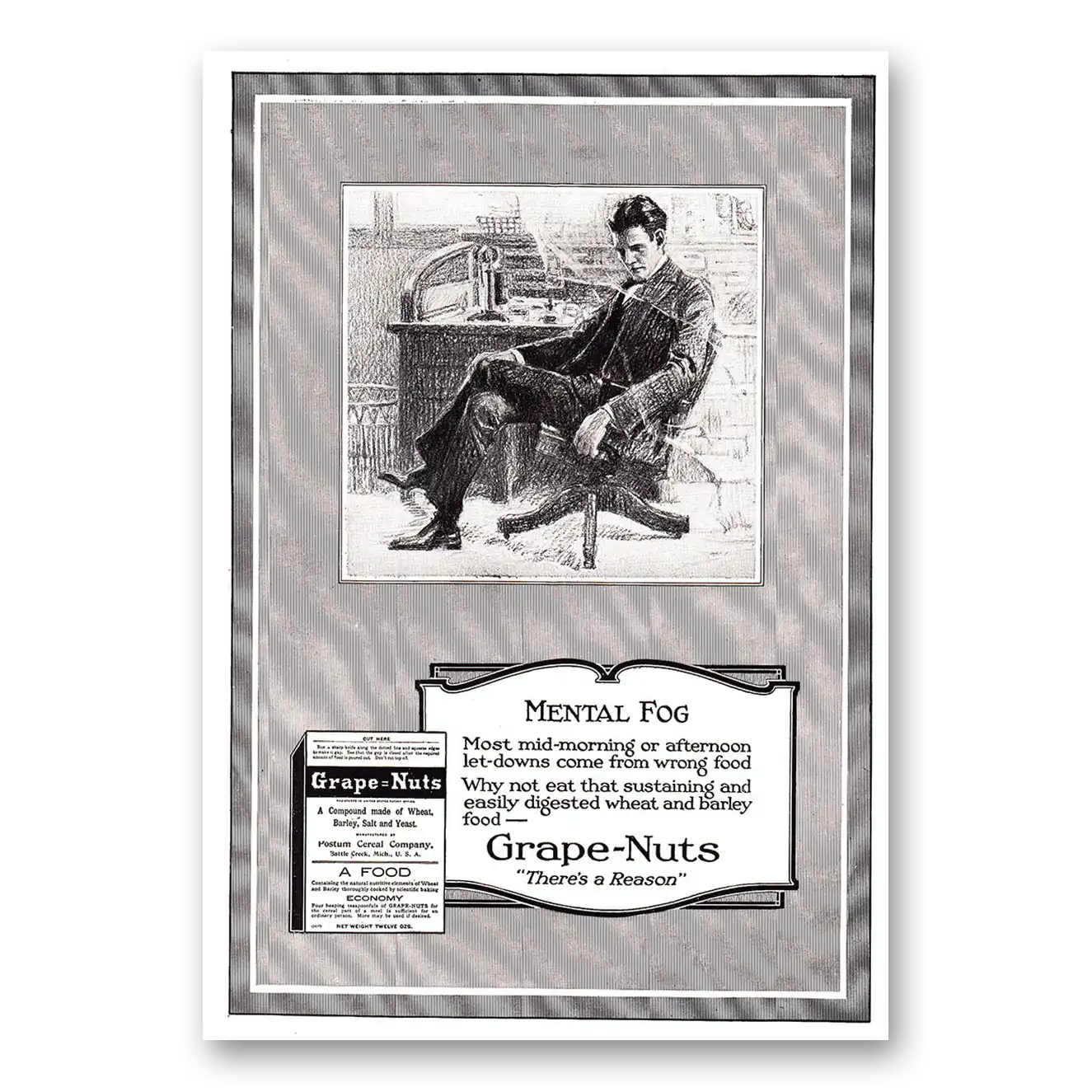 1920 Grape Nuts Cereal Mental Fog Vintage Magazine Print Ad