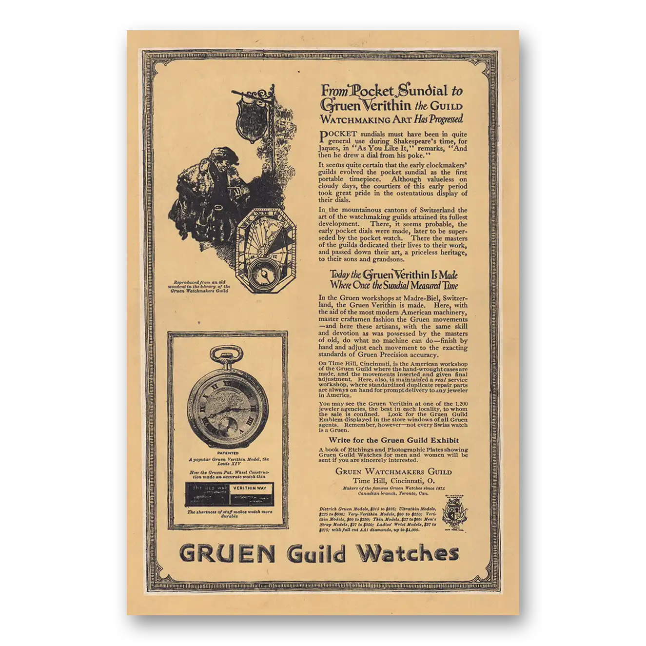 1920 Gruen Pocket Watch Sundial to Gruen Verithin Vintage Magazine Print Ad