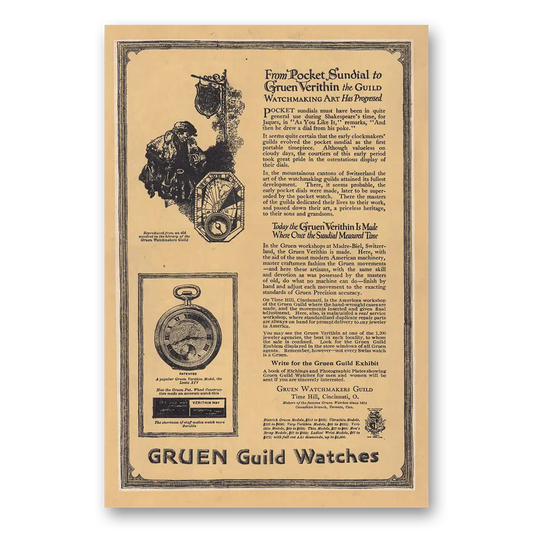 1920 Gruen Pocket Watch Sundial to Gruen Verithin Vintage Magazine Print Ad