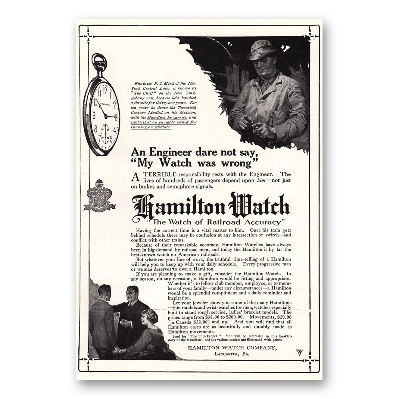 1920 Hamilton Watch An Engineer Dare Not Say My Watch was Wrong Vintage Magazine Print Ad