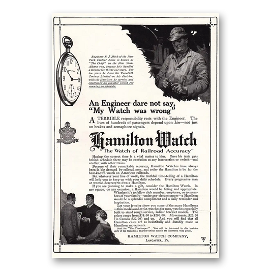 1920 Hamilton Watch An Engineer Dare Not Say My Watch was Wrong Vintage Magazine Print Ad