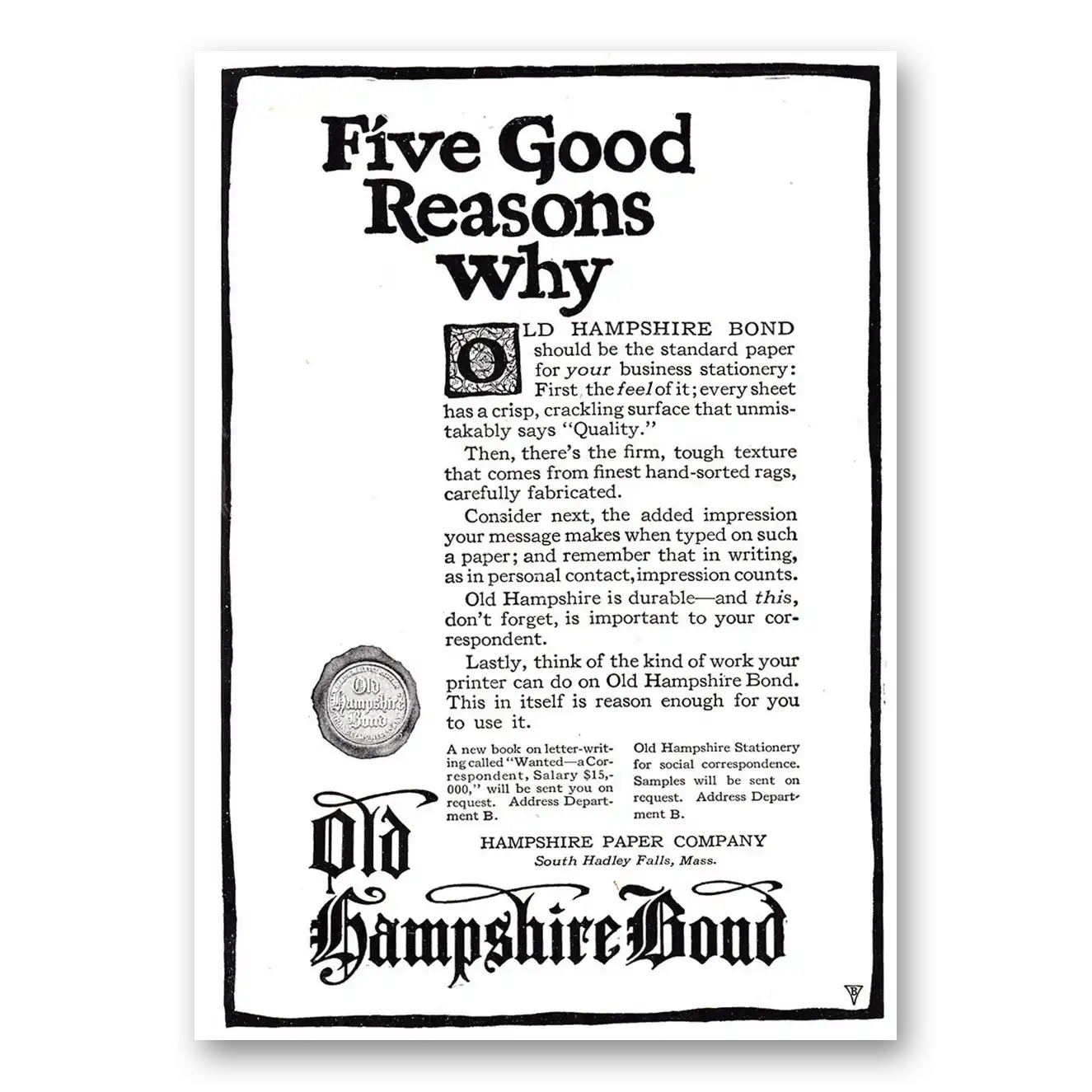 1920 Hampshire Paper Old Hampshire Bond Paper Five Good Reasons Why Vintage Magazine Print Ad