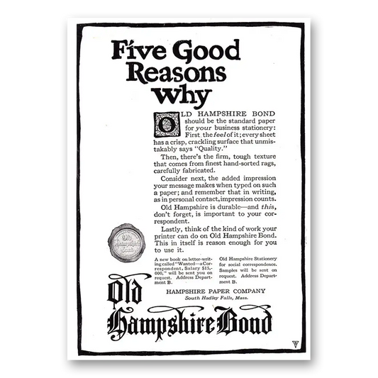 1920 Hampshire Paper Old Hampshire Bond Paper Five Good Reasons Why Vintage Magazine Print Ad