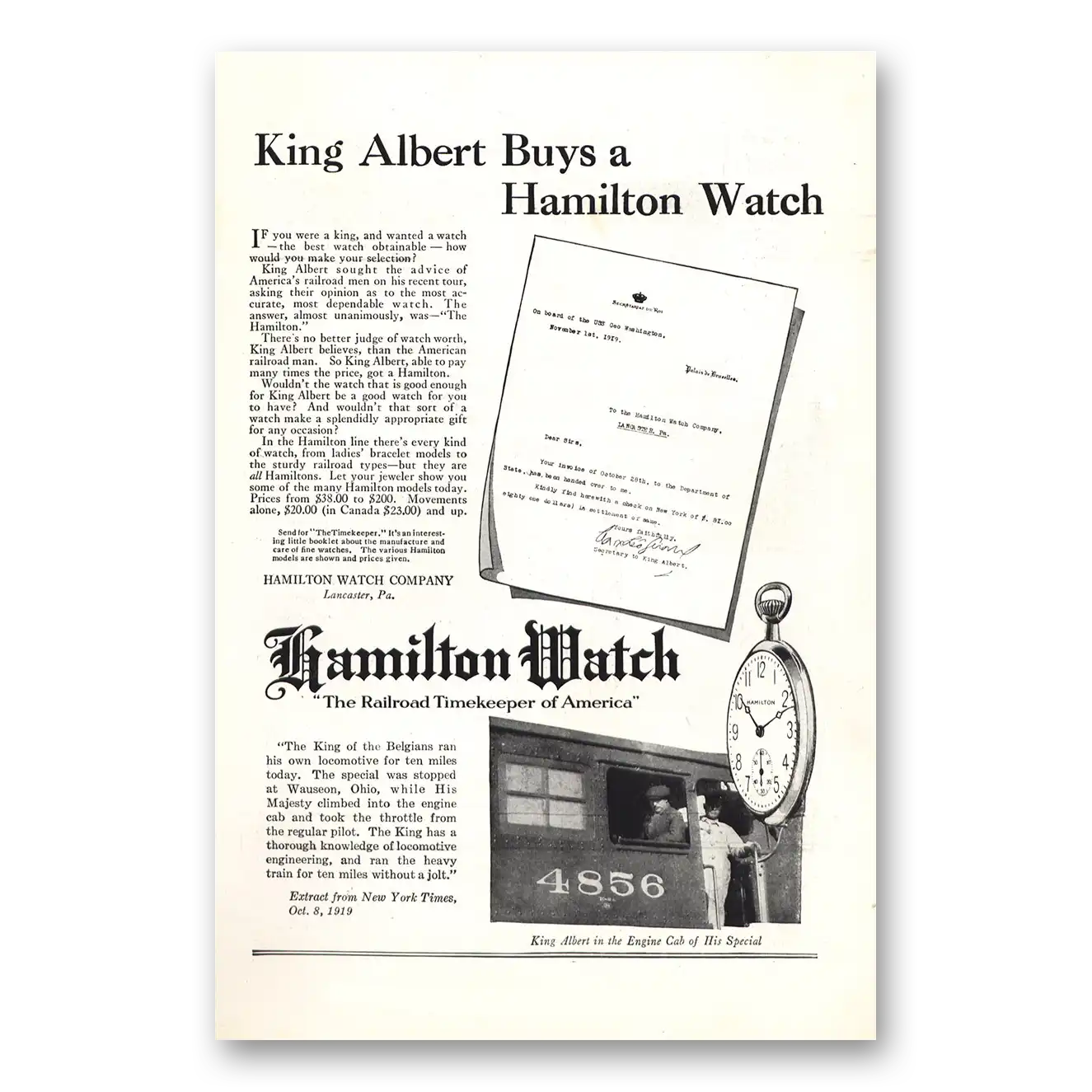 1920 Hamilton Watch King Albert Buys a Hamilton Vintage Magazine Print Ad