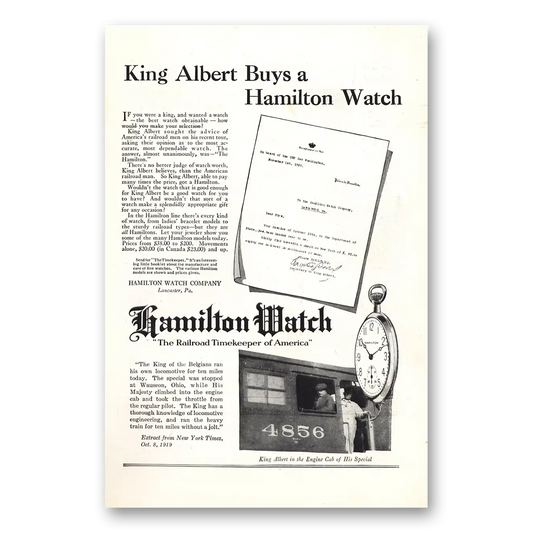 1920 Hamilton Watch King Albert Buys a Hamilton Vintage Magazine Print Ad