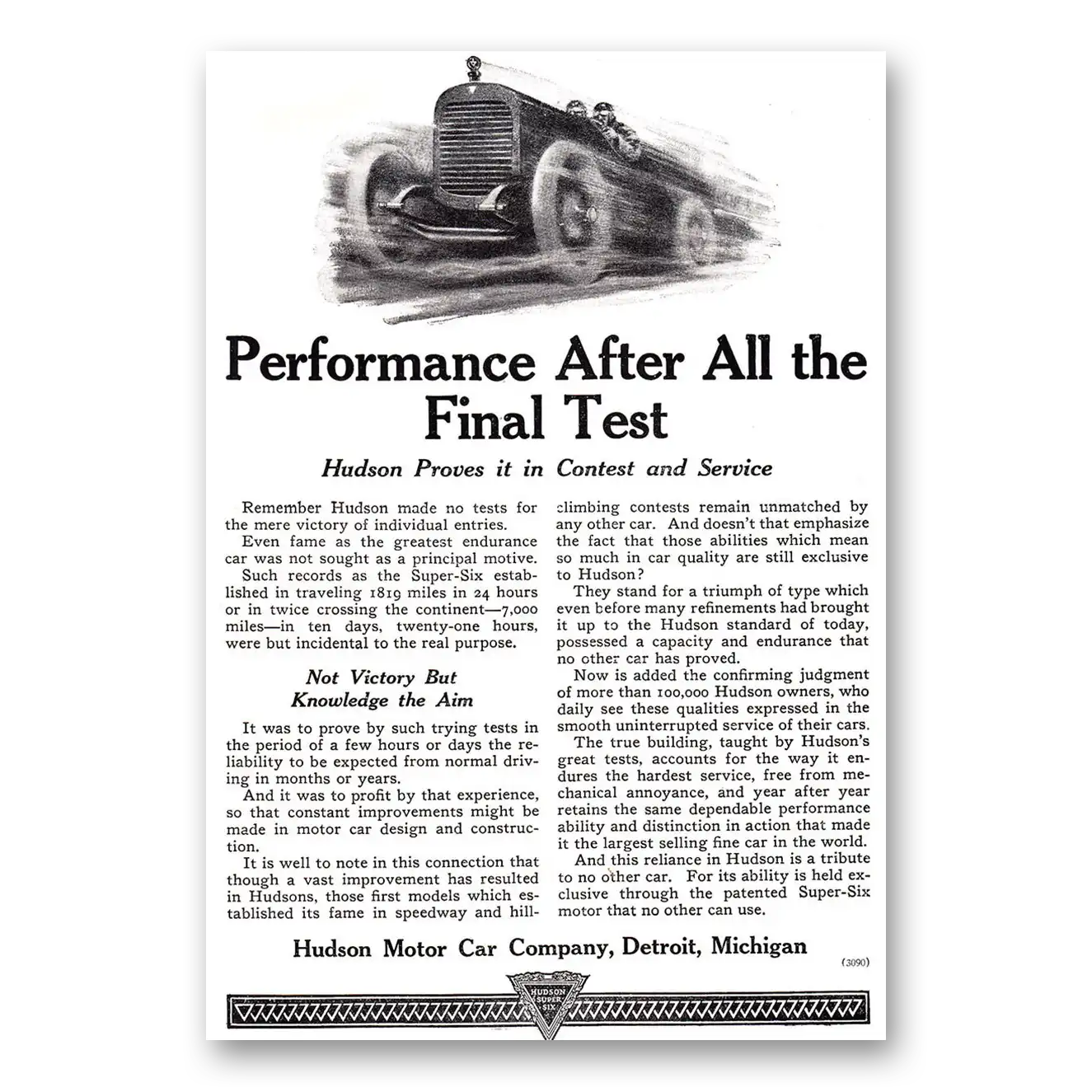 1920 Hudson Motor Car Performance After All the Final Test Vintage Magazine Print Ad