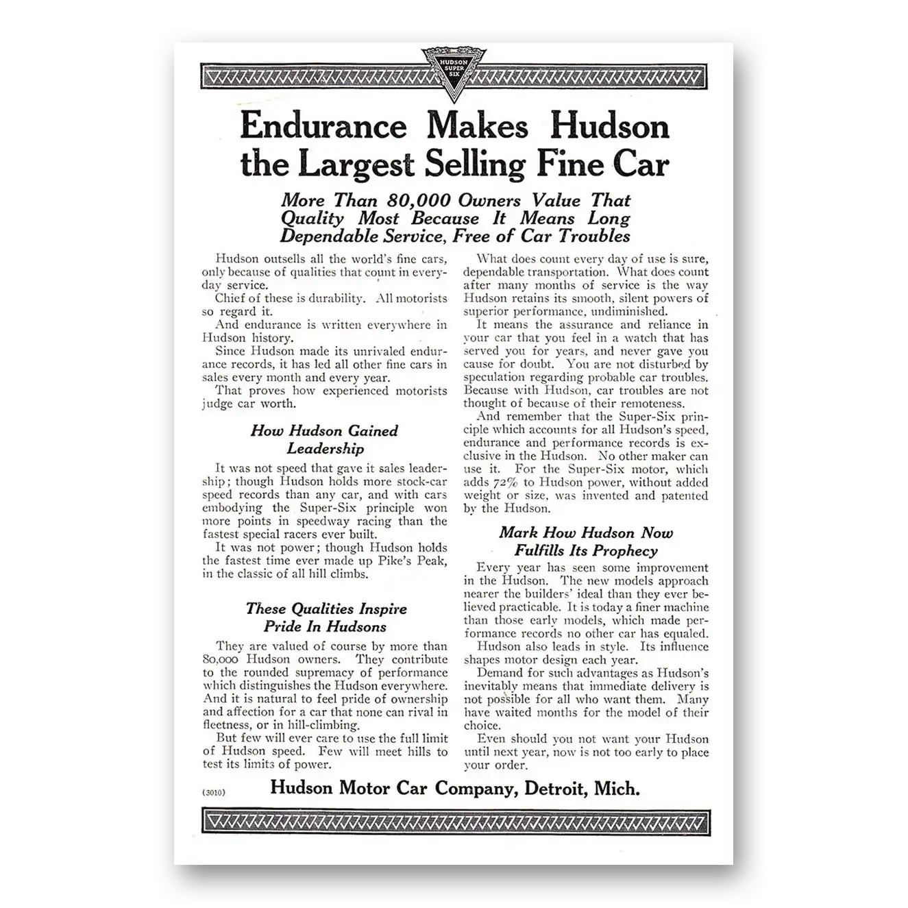 1920 Hudson Motor Car Endurance Makes Hudson the Largest Selling Fine Car Vintage Magazine Print Ad