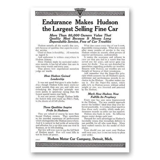 1920 Hudson Motor Car Endurance Makes Hudson the Largest Selling Fine Car Vintage Magazine Print Ad