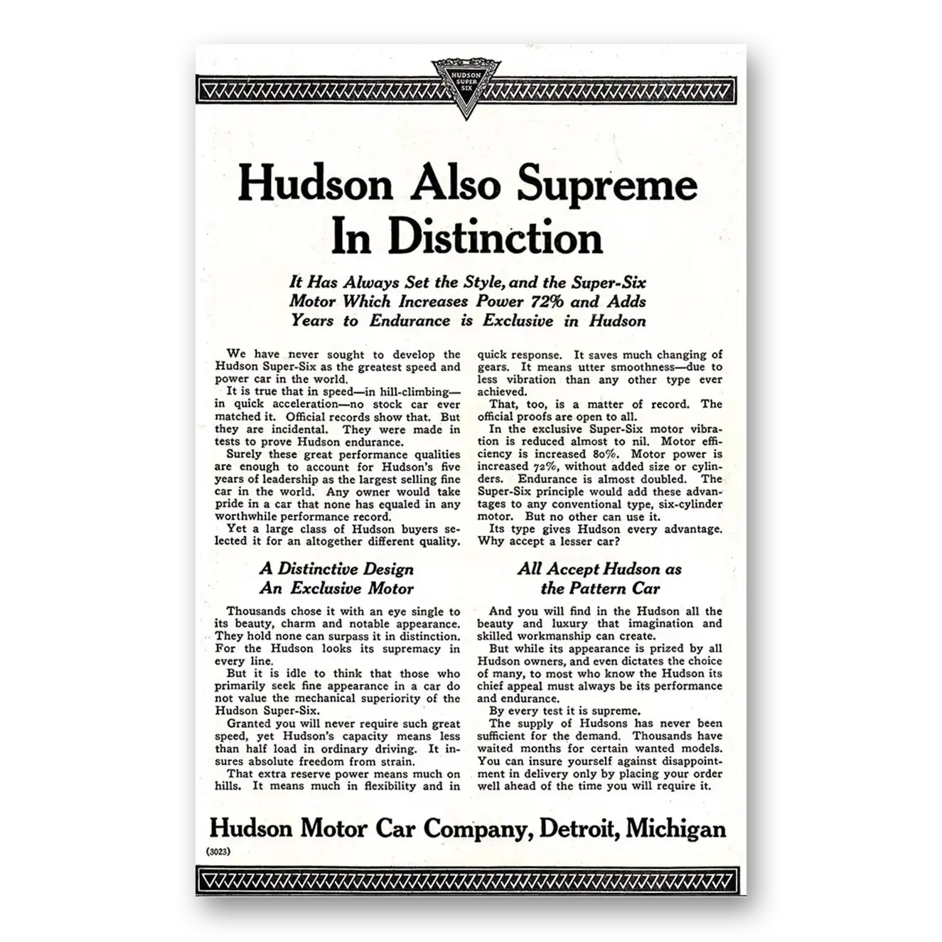 1920 Hudson Motor Car Also Supreme in Distinction Vintage Magazine Print Ad